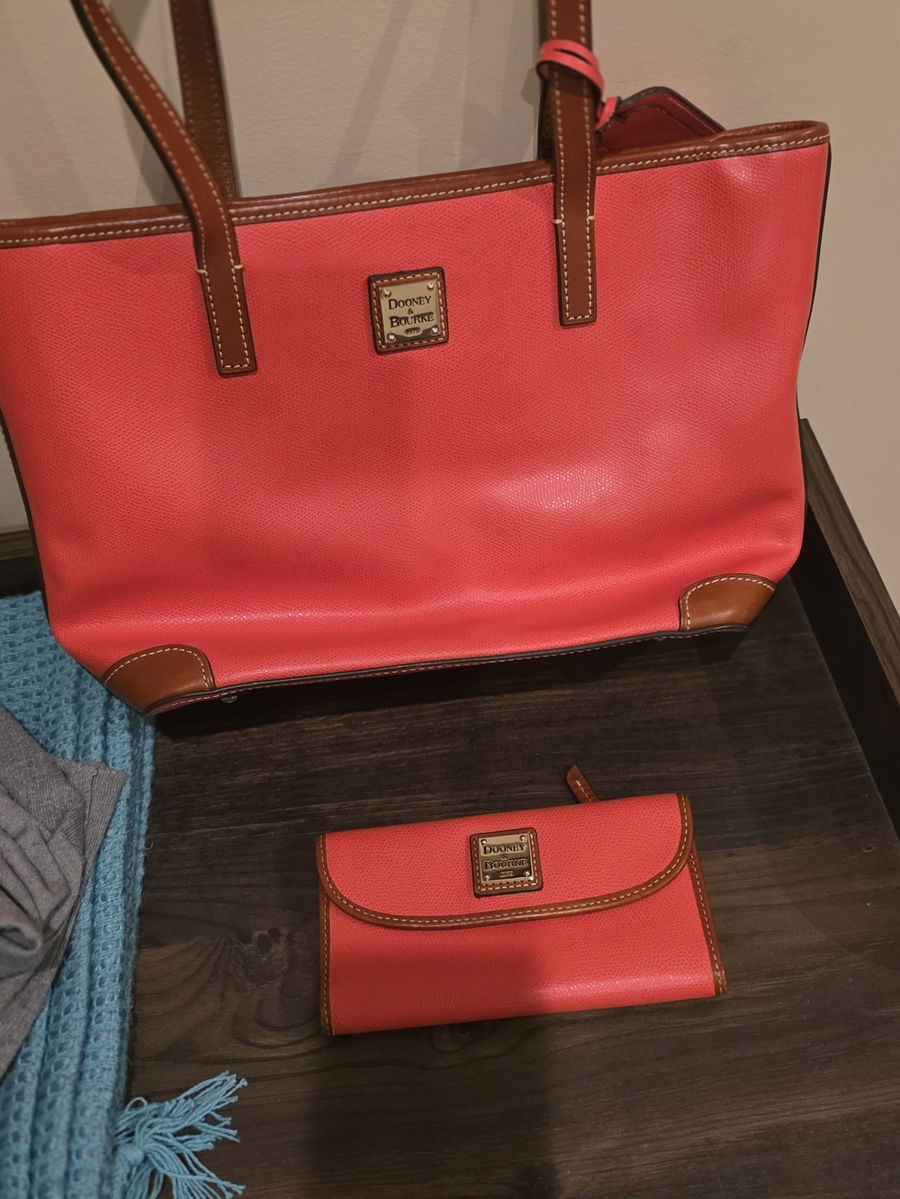 Dooney & Bourke Coral-Pink Pebble Leather Tote with Matching Wallet
